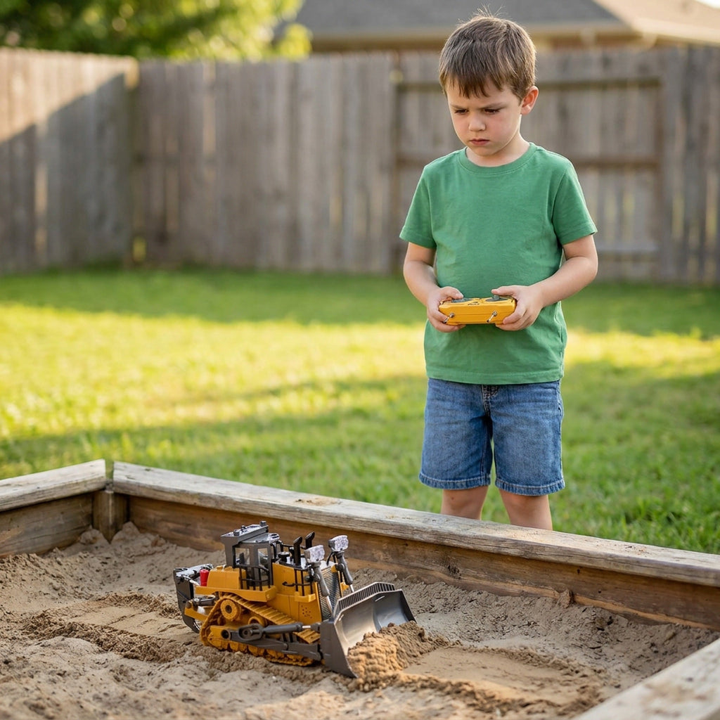 RC Bulldozer Tractor – 9 Channel 2.4G Remote Control Construction Toy with Alloy Metal Blade, Lights & Sounds, for Boys 6–12