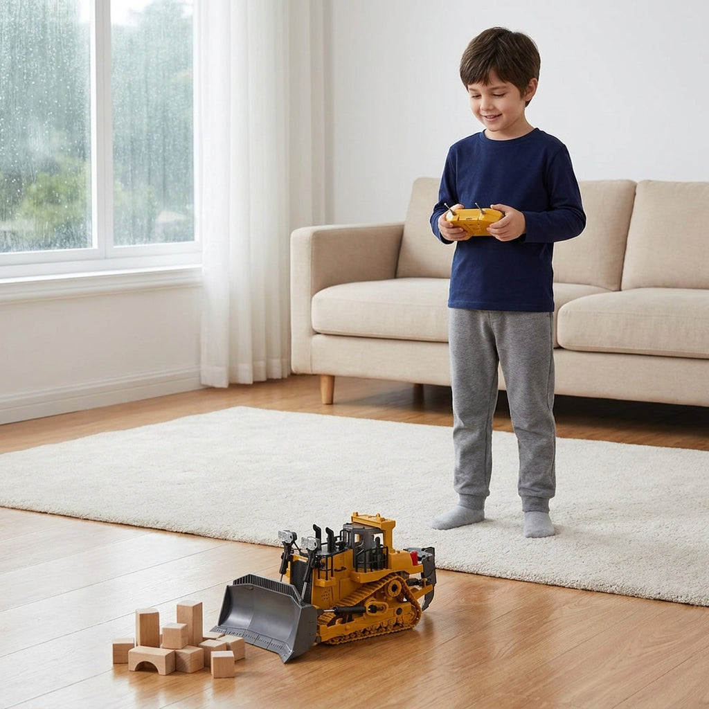 RC Bulldozer Tractor – 9 Channel 2.4G Remote Control Construction Toy with Alloy Metal Blade, Lights & Sounds, for Boys 6–12