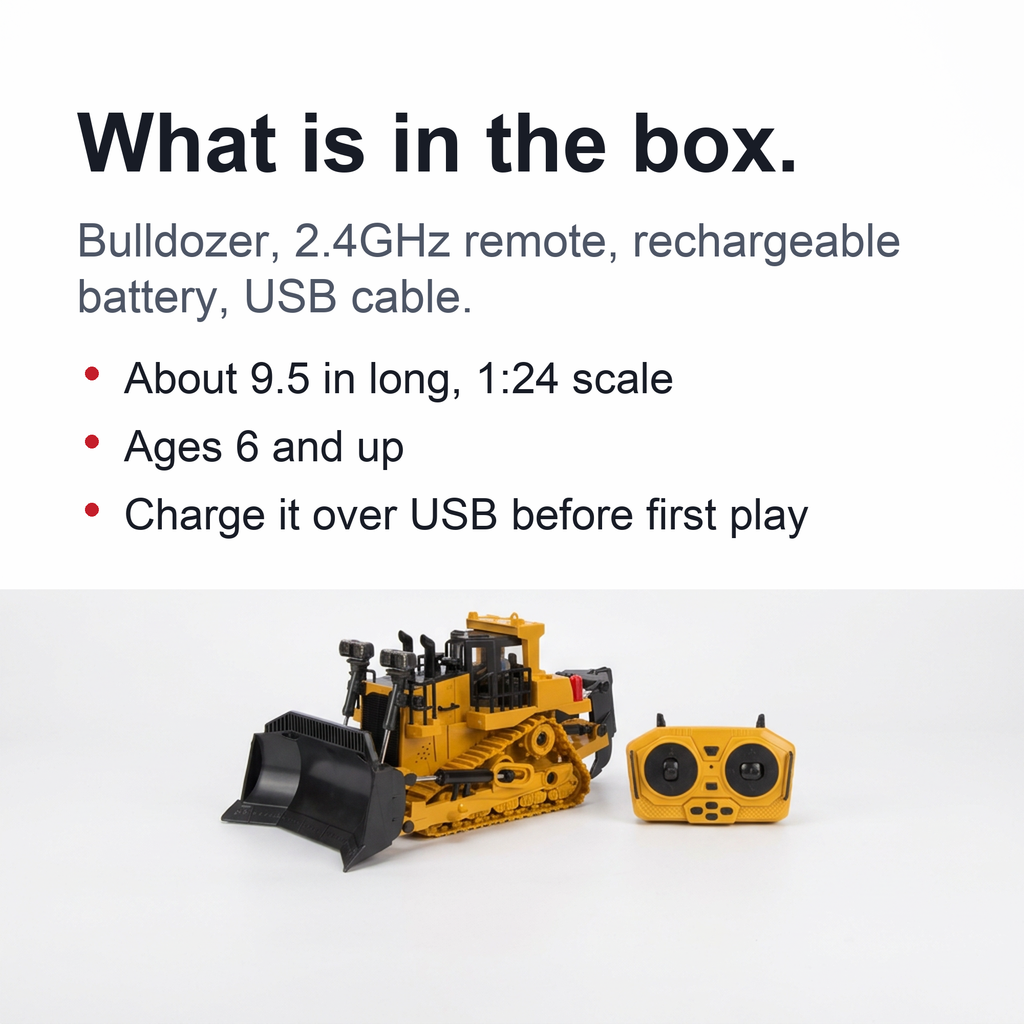 RC Bulldozer Tractor – 9 Channel 2.4G Remote Control Construction Toy with Alloy Metal Blade, Lights & Sounds, for Boys 6–12