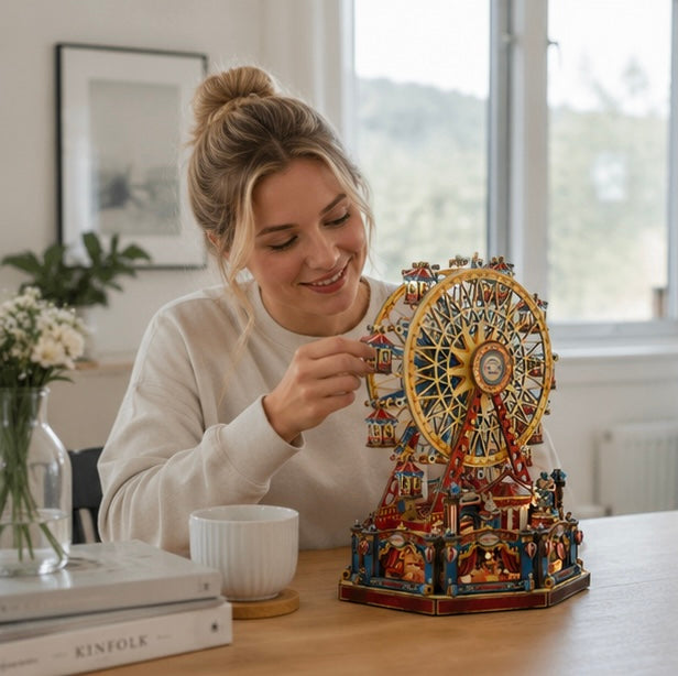 DIY Wooden Ferris Wheel Music Box - 3D Miniature Assembly Kit with Moving Parts, Creative Home Decoration Gift for Friends Birthday and Craft Lovers