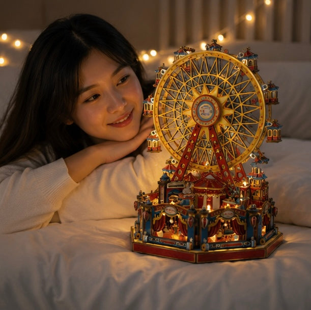 DIY Wooden Ferris Wheel Music Box - 3D Miniature Assembly Kit with Moving Parts, Creative Home Decoration Gift for Friends Birthday and Craft Lovers