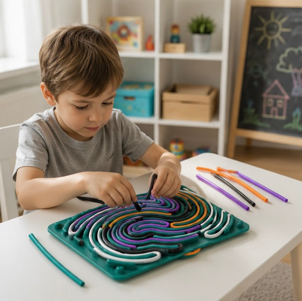 Montessori Sensory Busy Board-Motor Skills Activity Toy with Colorful Silicone Rods for Kids Travel Learning and Stress Relief