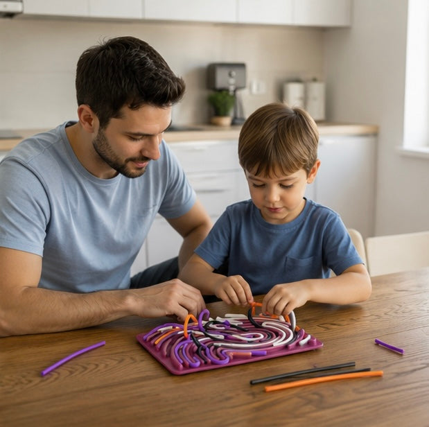 Montessori Sensory Busy Board-Motor Skills Activity Toy with Colorful Silicone Rods for Kids Travel Learning and Stress Relief