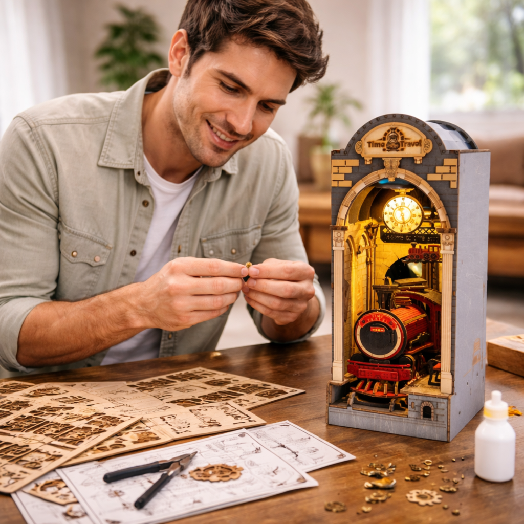 DIY Wooden Book Nook Time Travel Kit – 3D Puzzle Bookshelf Insert Decor for Readers and Creative Collectors