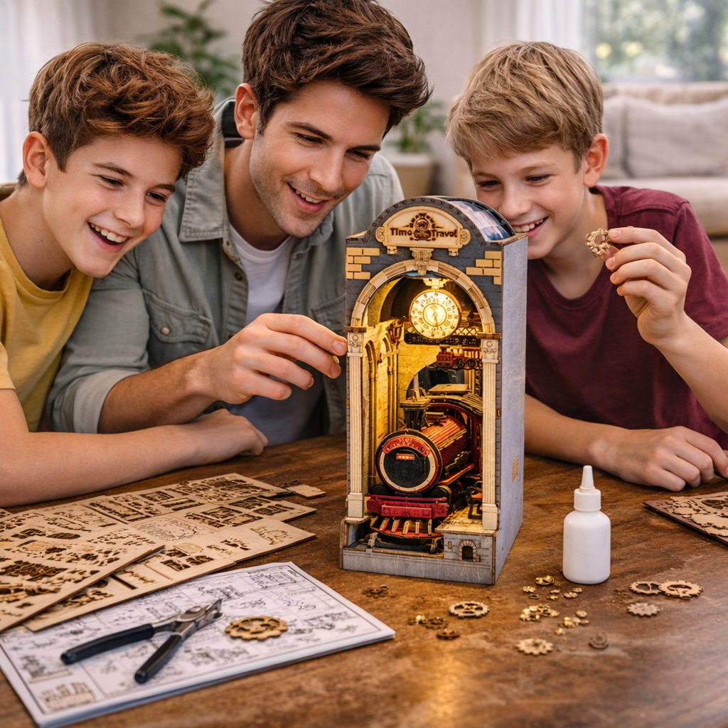 DIY Wooden Book Nook Time Travel Kit – 3D Puzzle Bookshelf Insert Decor for Readers and Creative Collectors