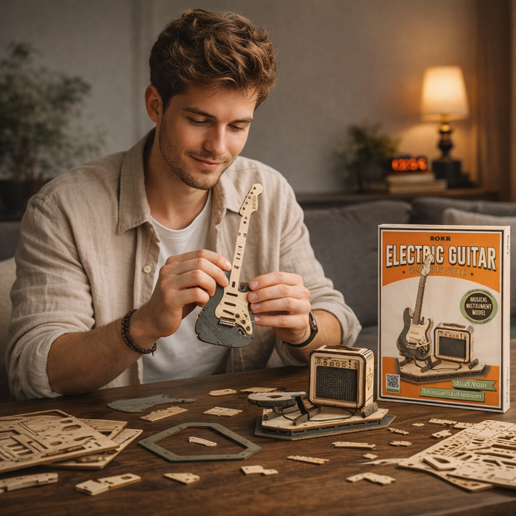 Electric Guitar 3D Wooden Puzzle Set – Creative DIY Assembly Building Blocks for Kids and Adults, Perfect Christmas Gift