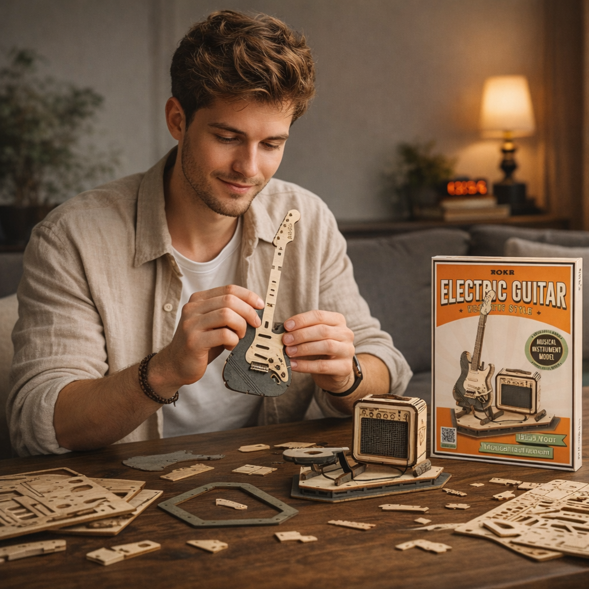 Electric Guitar 3D Wooden Puzzle Set – Creative DIY Assembly Building Blocks for Kids and Adults, Perfect Christmas Gift