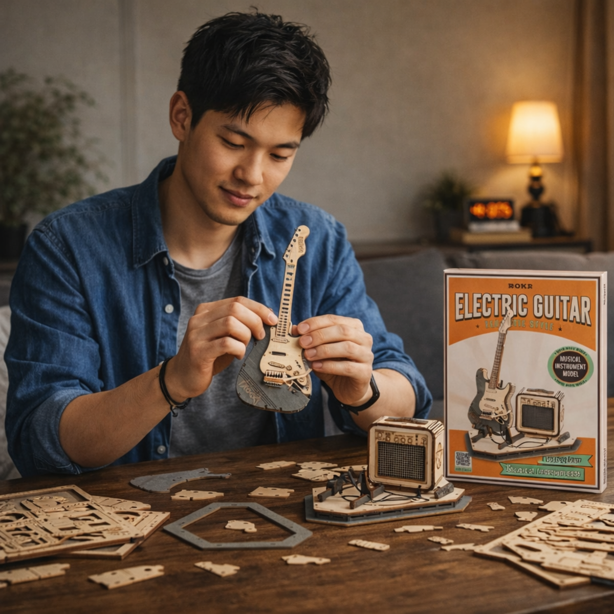 Electric Guitar 3D Wooden Puzzle Set – Creative DIY Assembly Building Blocks for Kids and Adults, Perfect Christmas Gift