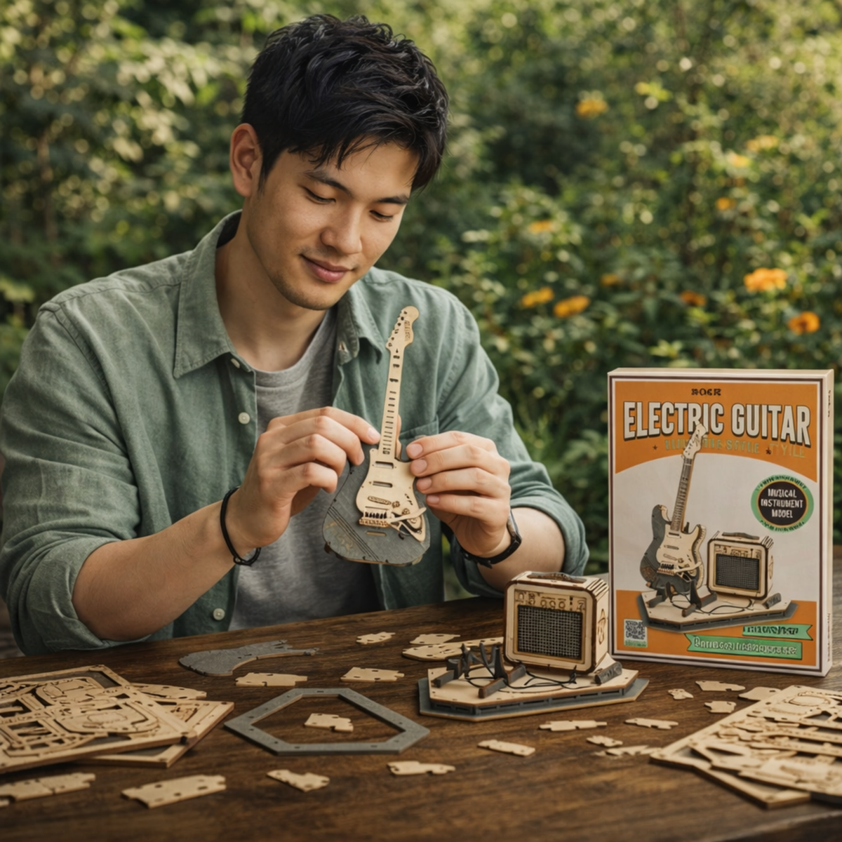 Electric Guitar 3D Wooden Puzzle Set – Creative DIY Assembly Building Blocks for Kids and Adults, Perfect Christmas Gift