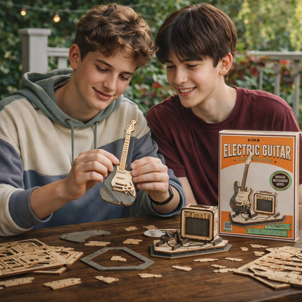 Electric Guitar 3D Wooden Puzzle Set – Creative DIY Assembly Building Blocks for Kids and Adults, Perfect Christmas Gift