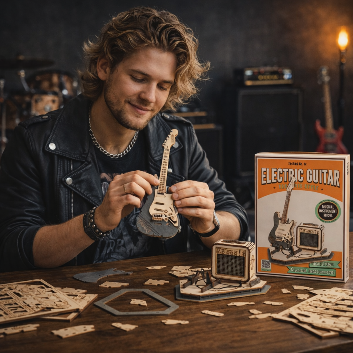 Electric Guitar 3D Wooden Puzzle Set – Creative DIY Assembly Building Blocks for Kids and Adults, Perfect Christmas Gift