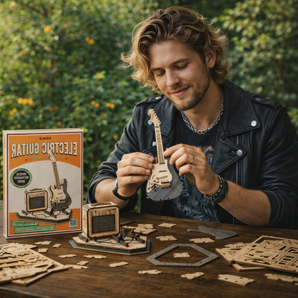 Electric Guitar 3D Wooden Puzzle Set – Creative DIY Assembly Building Blocks for Kids and Adults, Perfect Christmas Gift