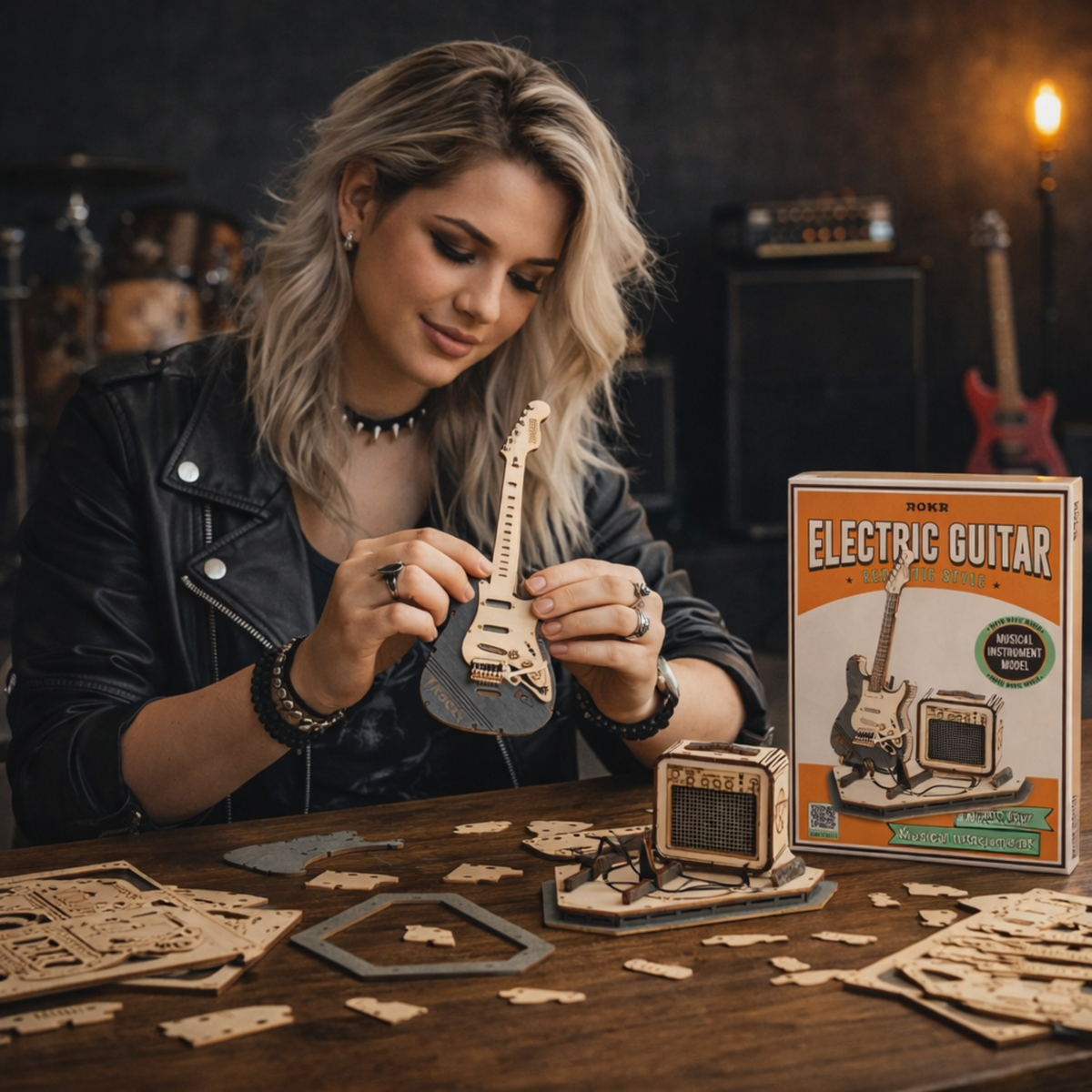 Electric Guitar 3D Wooden Puzzle Set – Creative DIY Assembly Building Blocks for Kids and Adults, Perfect Christmas Gift