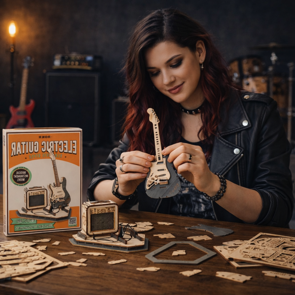 Electric Guitar 3D Wooden Puzzle Set – Creative DIY Assembly Building Blocks for Kids and Adults, Perfect Christmas Gift