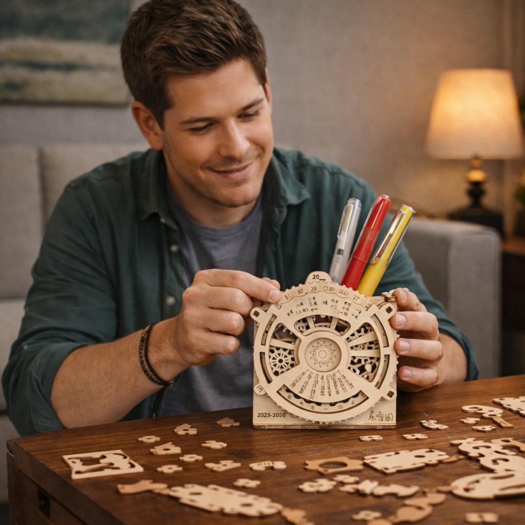 DIY Wooden Perpetual Calendar Pen Holder Puzzle – Mechanical Construction 3D Model Kit for Teens and Adults Creative Desk Decor