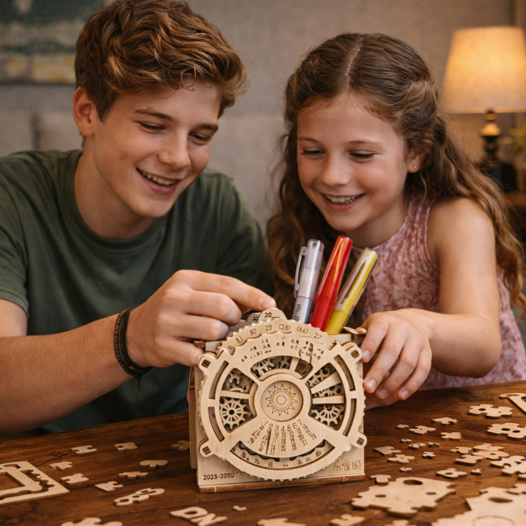 DIY Wooden Perpetual Calendar Pen Holder Puzzle – Mechanical Construction 3D Model Kit for Teens and Adults Creative Desk Decor
