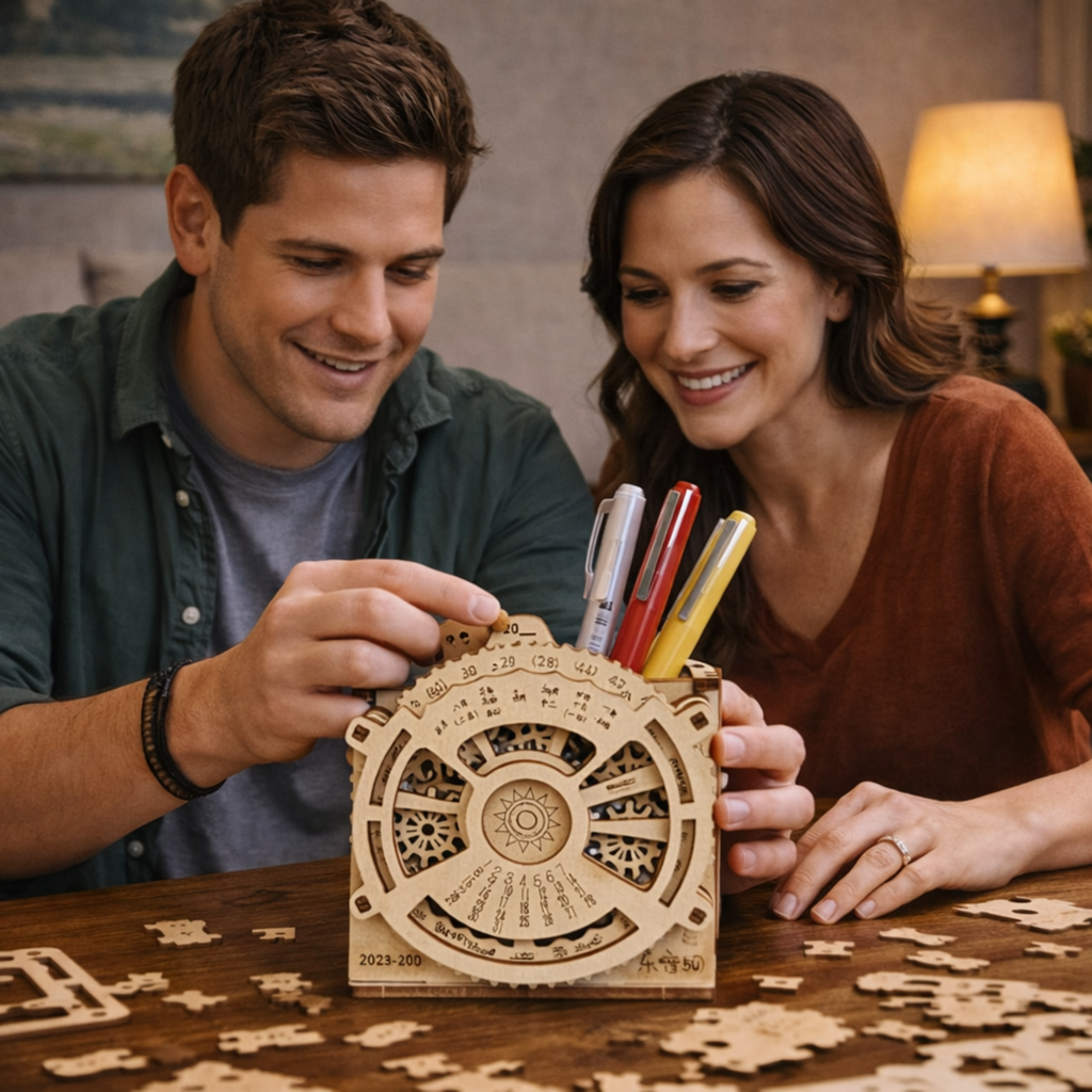 DIY Wooden Perpetual Calendar Pen Holder Puzzle – Mechanical Construction 3D Model Kit for Teens and Adults Creative Desk Decor