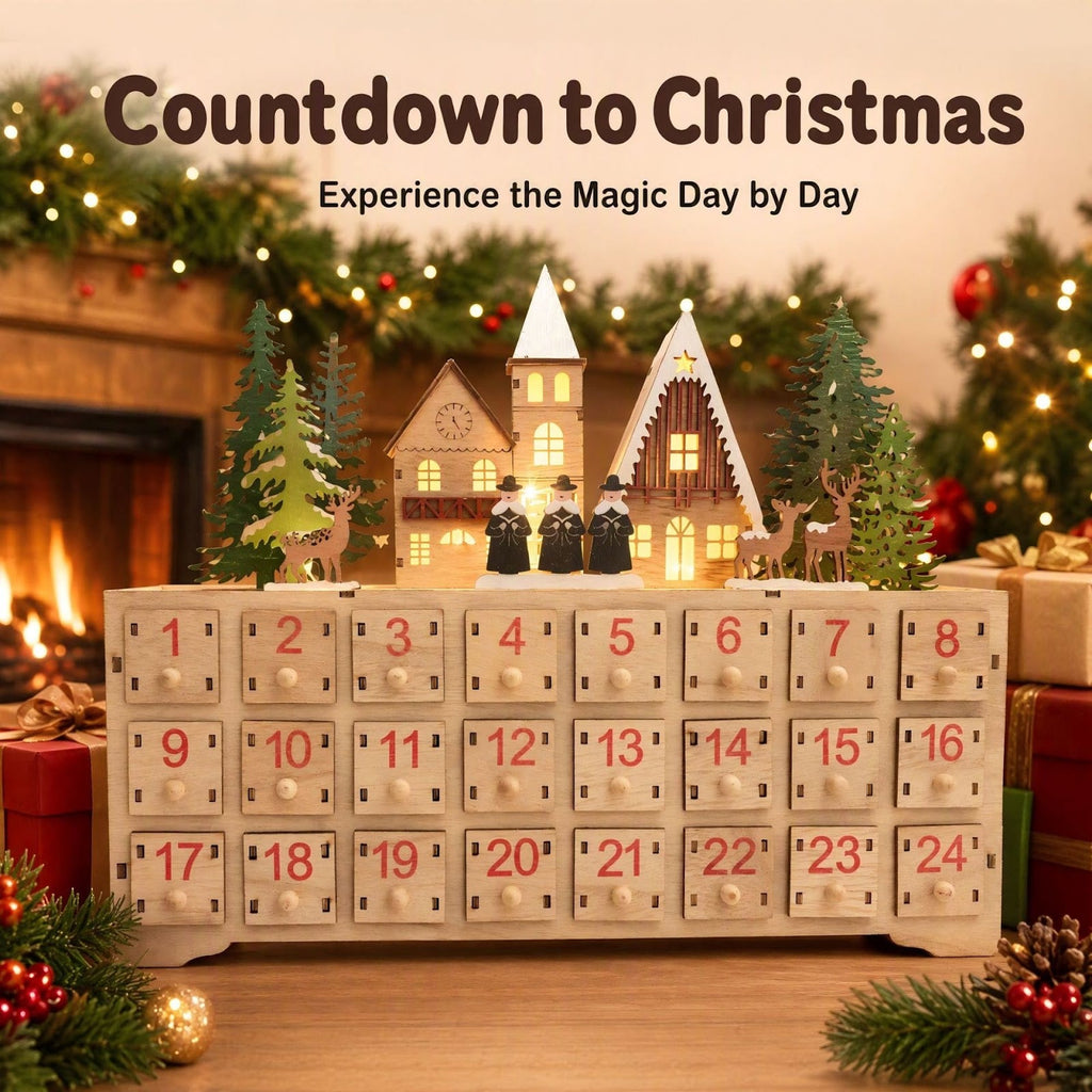 Wooden Advent Calendar, Village Design, 24 Compartments
