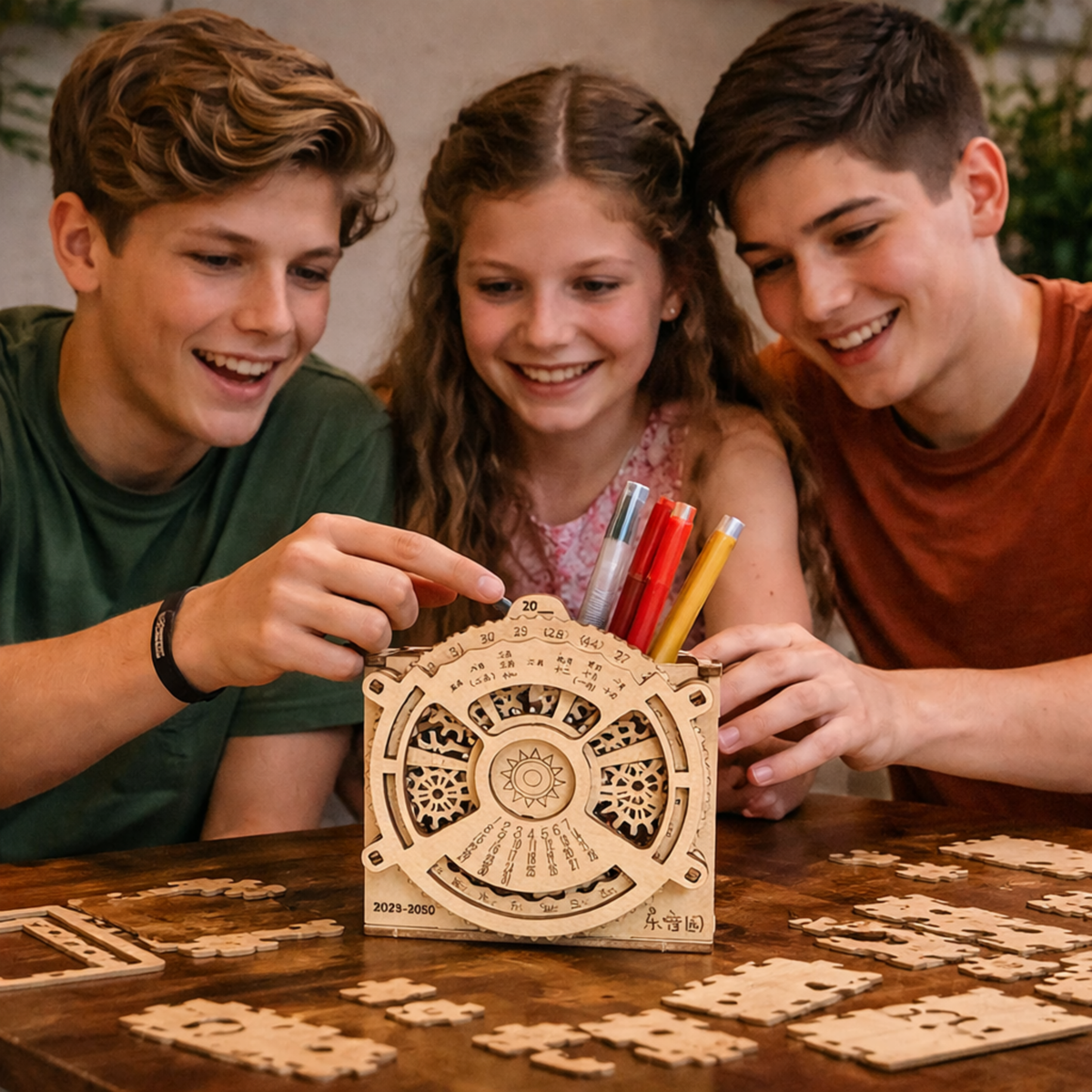 DIY Wooden Perpetual Calendar Pen Holder Puzzle – Mechanical Construction 3D Model Kit for Teens and Adults Creative Desk Decor