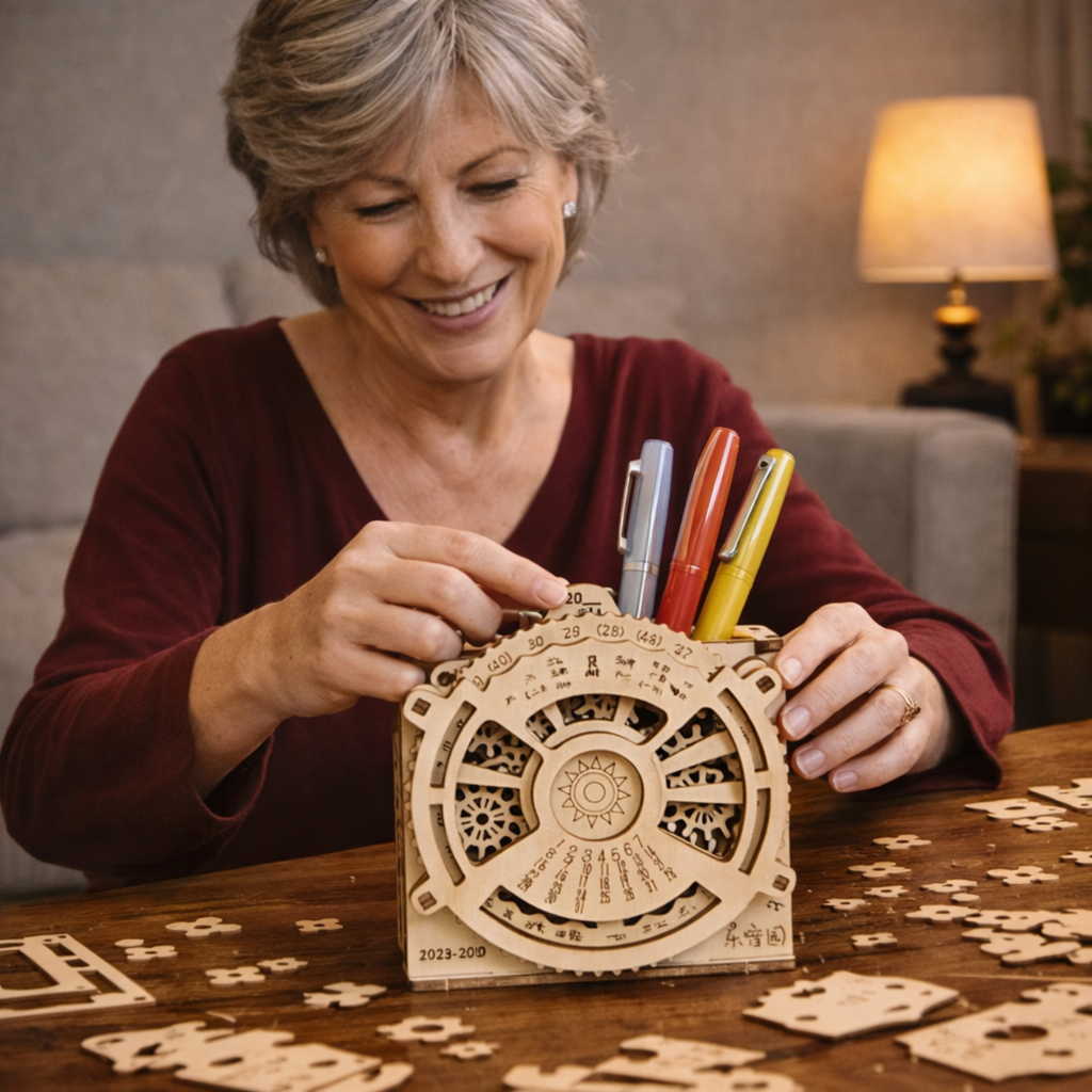DIY Wooden Perpetual Calendar Pen Holder Puzzle – Mechanical Construction 3D Model Kit for Teens and Adults Creative Desk Decor