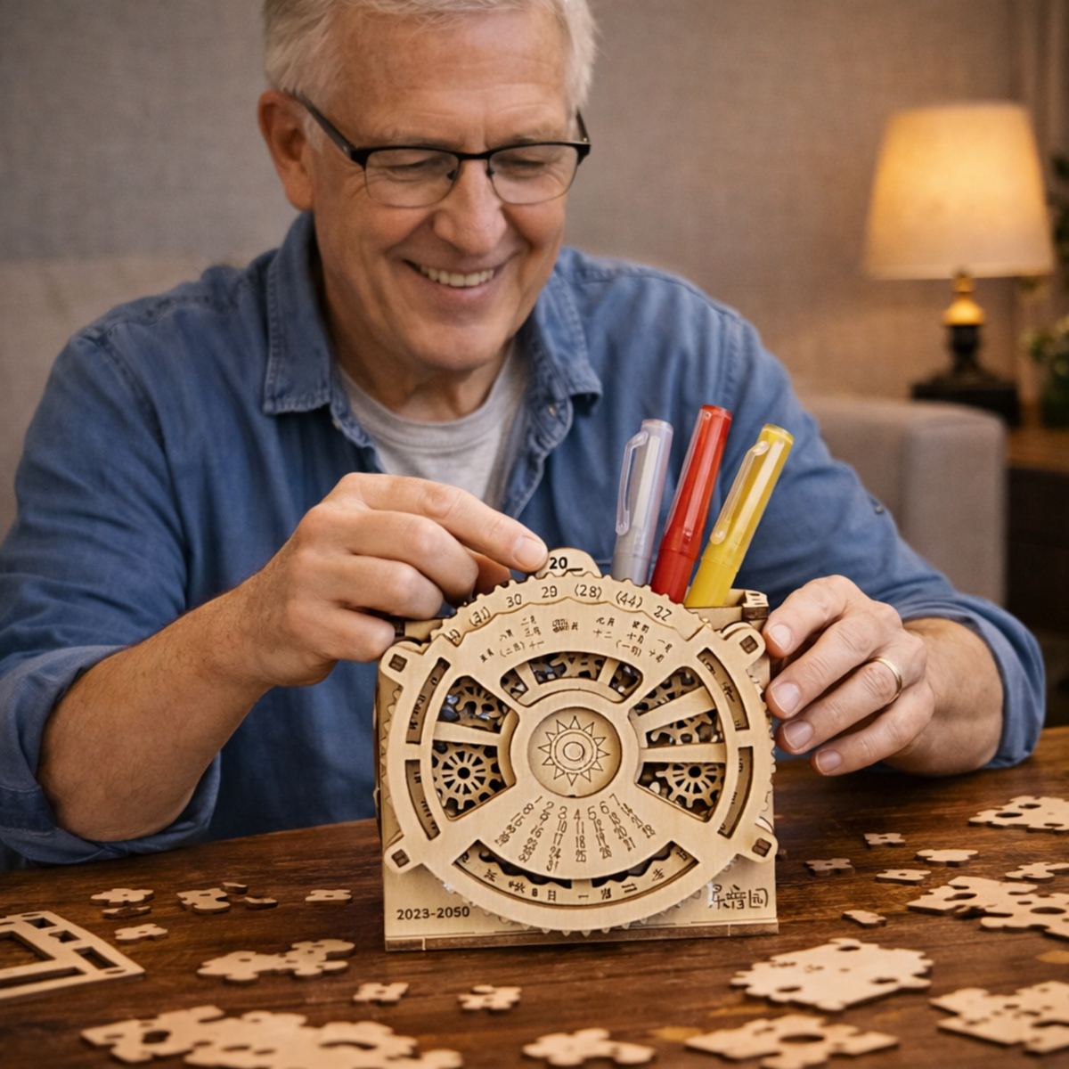 DIY Wooden Perpetual Calendar Pen Holder Puzzle – Mechanical Construction 3D Model Kit for Teens and Adults Creative Desk Decor