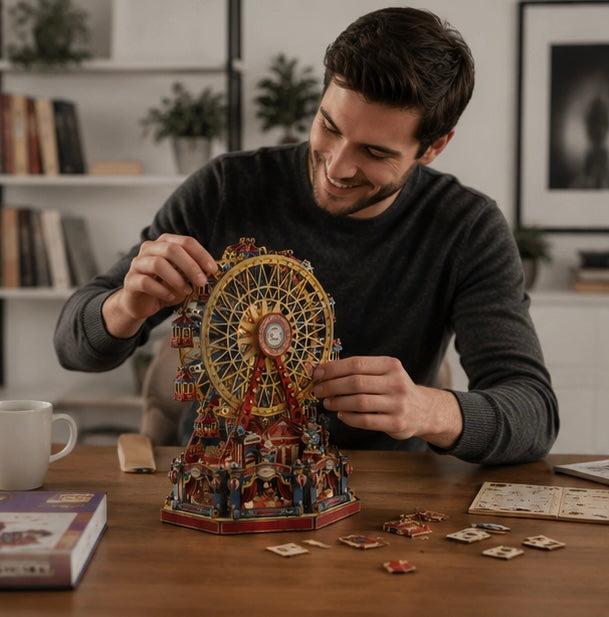 DIY Wooden Ferris Wheel Music Box - 3D Miniature Assembly Kit with Moving Parts, Creative Home Decoration Gift for Friends Birthday and Craft Lovers