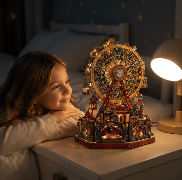 DIY Wooden Ferris Wheel Music Box - 3D Miniature Assembly Kit with Moving Parts, Creative Home Decoration Gift for Friends Birthday and Craft Lovers