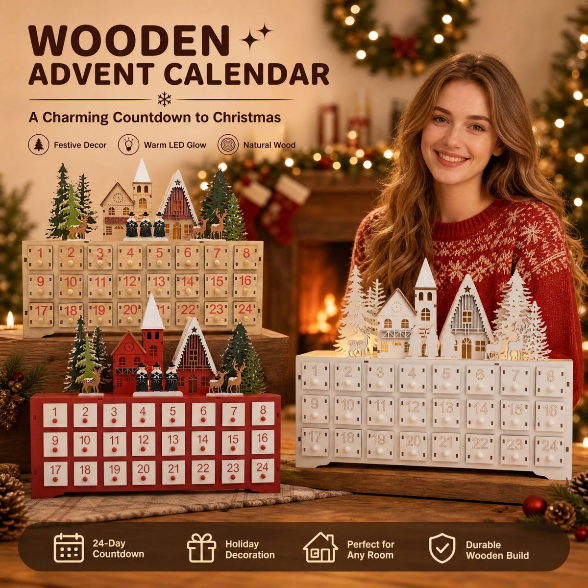 Wooden Advent Calendar, Village Design, 24 Compartments