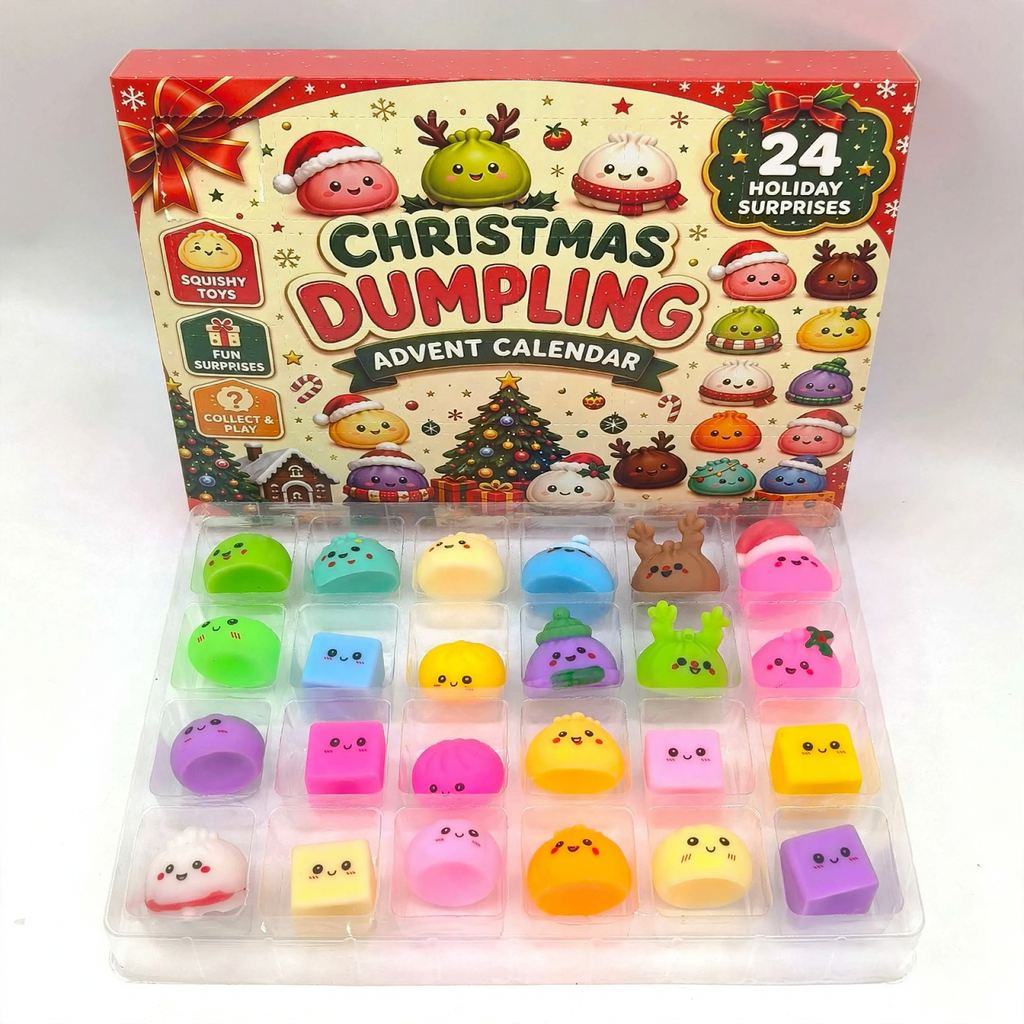 Advent calendar with 24 squishy figures in fruit and vegetable shapes