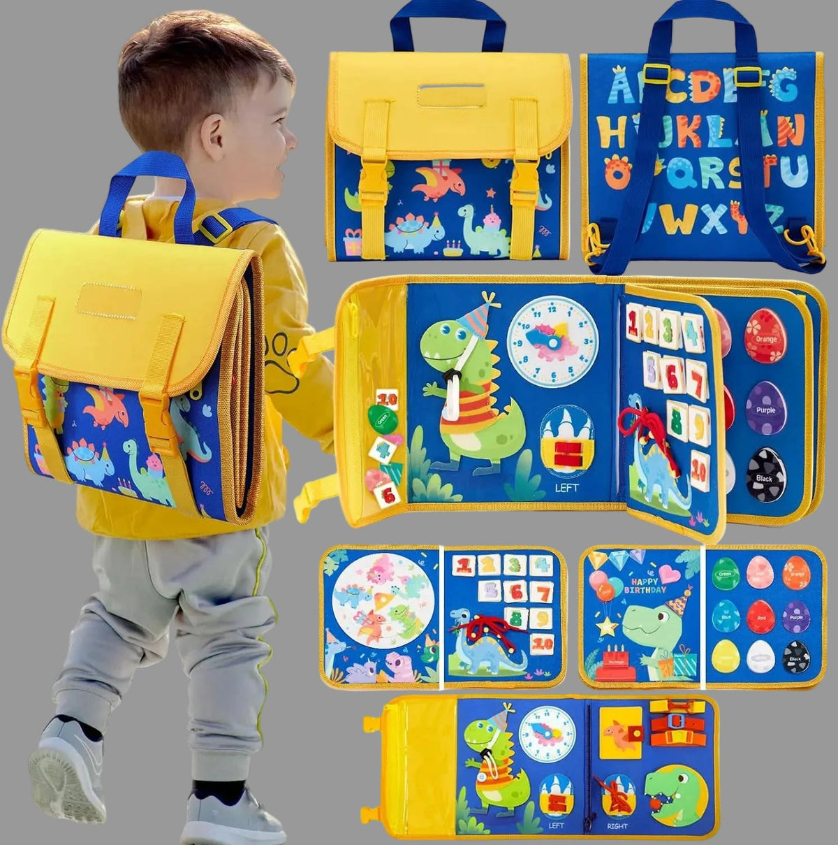 Montessori Dinosaur Busy Board - Sensory Learning Backpack Toy for Toddlers Life Skills Training and Educational Travel Activities