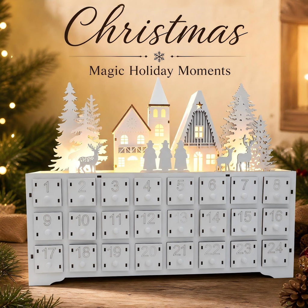 Wooden Advent Calendar, Village Design, 24 Compartments