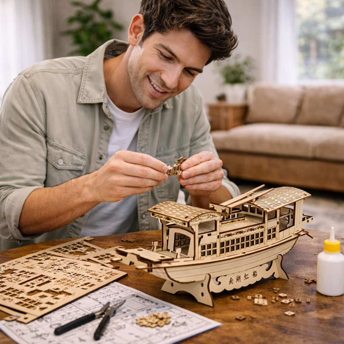 DIY South Lake Red Boat Wooden Puzzle – 3D Handmade Assembly Model Educational Toy Gift for Kids and Home Ornament Display
