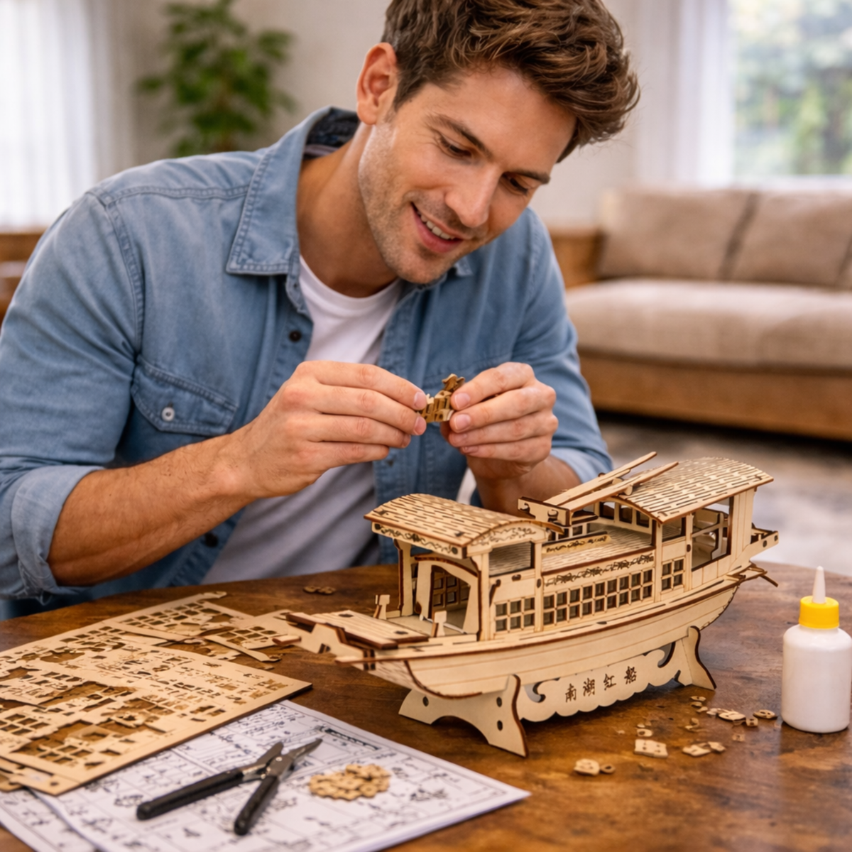 DIY South Lake Red Boat Wooden Puzzle – 3D Handmade Assembly Model Educational Toy Gift for Kids and Home Ornament Display