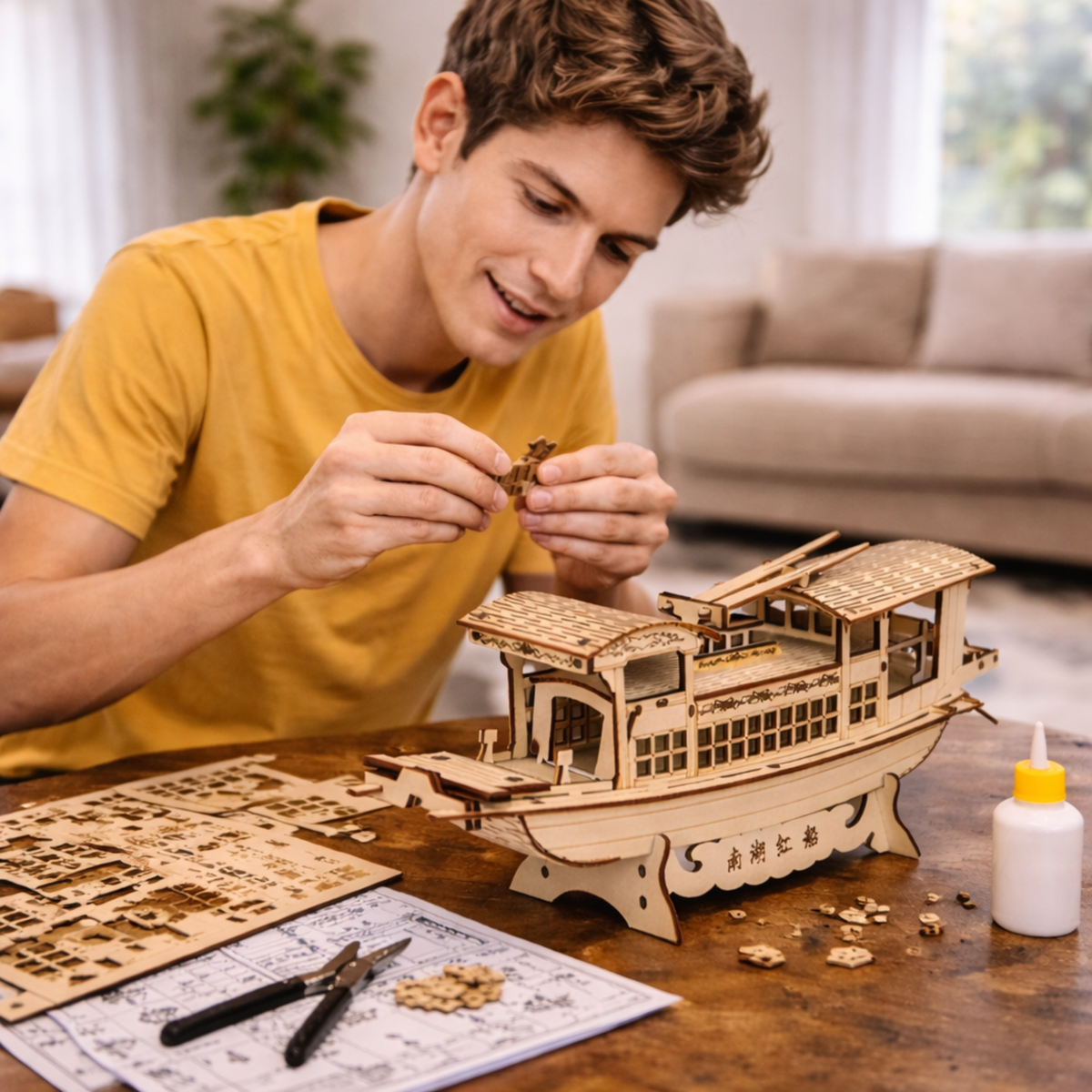 DIY South Lake Red Boat Wooden Puzzle – 3D Handmade Assembly Model Educational Toy Gift for Kids and Home Ornament Display
