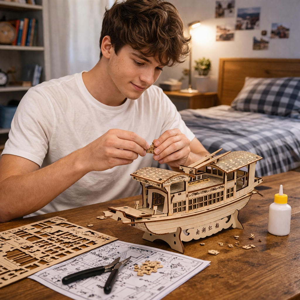 DIY South Lake Red Boat Wooden Puzzle – 3D Handmade Assembly Model Educational Toy Gift for Kids and Home Ornament Display