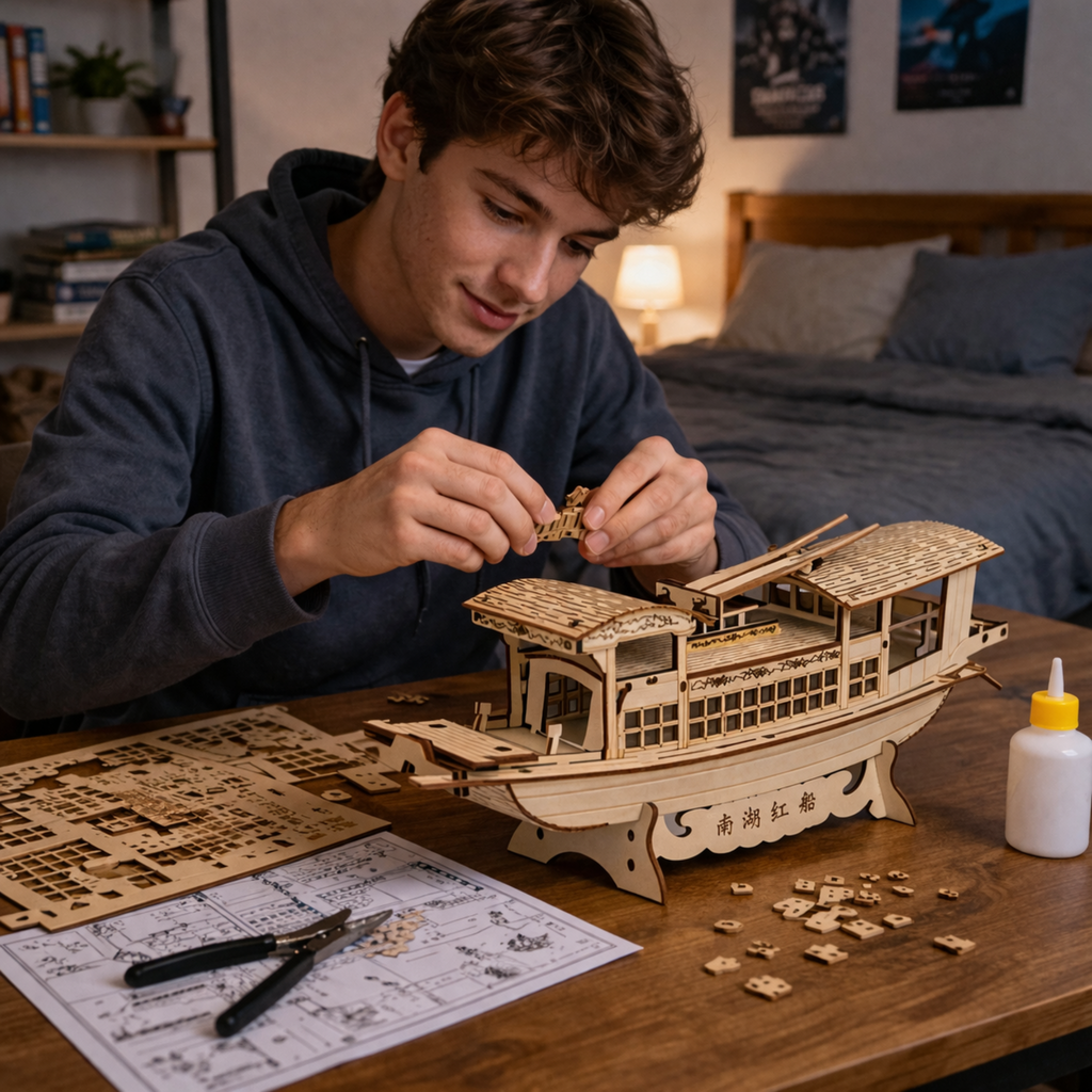 DIY South Lake Red Boat Wooden Puzzle – 3D Handmade Assembly Model Educational Toy Gift for Kids and Home Ornament Display