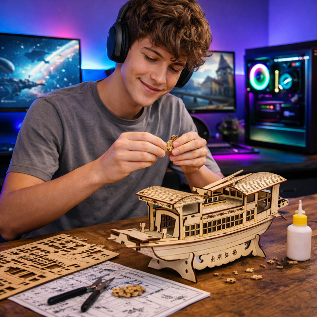 DIY South Lake Red Boat Wooden Puzzle – 3D Handmade Assembly Model Educational Toy Gift for Kids and Home Ornament Display
