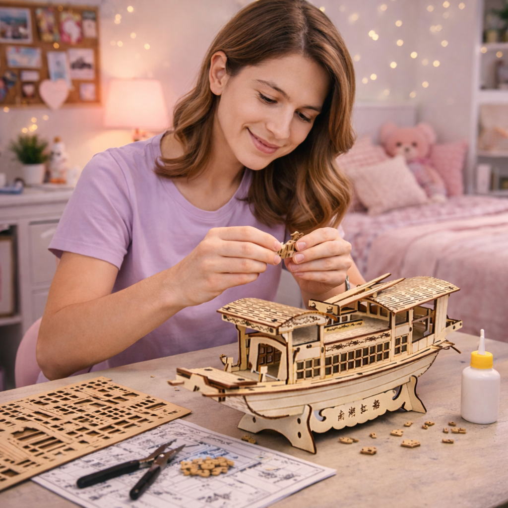 DIY South Lake Red Boat Wooden Puzzle – 3D Handmade Assembly Model Educational Toy Gift for Kids and Home Ornament Display