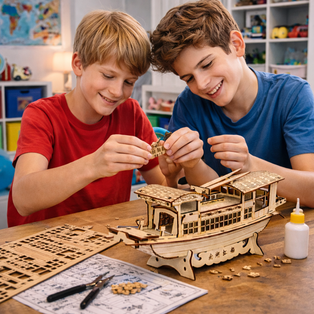 DIY South Lake Red Boat Wooden Puzzle – 3D Handmade Assembly Model Educational Toy Gift for Kids and Home Ornament Display