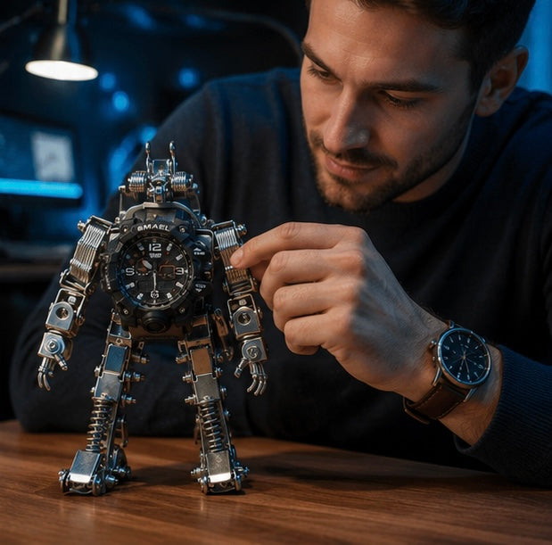 Mechanical Metal Watch Stand Model - 3D DIY Robot Building Kit for Creative Desktop Decoration and Unique Birthday Gift Display