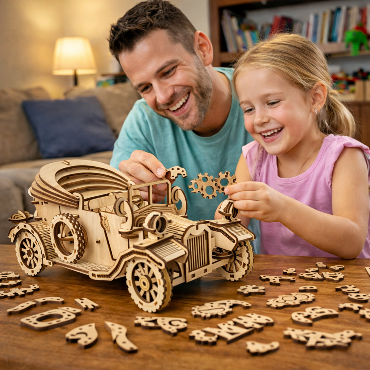 Retro Convertible Car 3D Wooden Puzzle – Handmade DIY Assembly Model Kit Educational Gift for Children