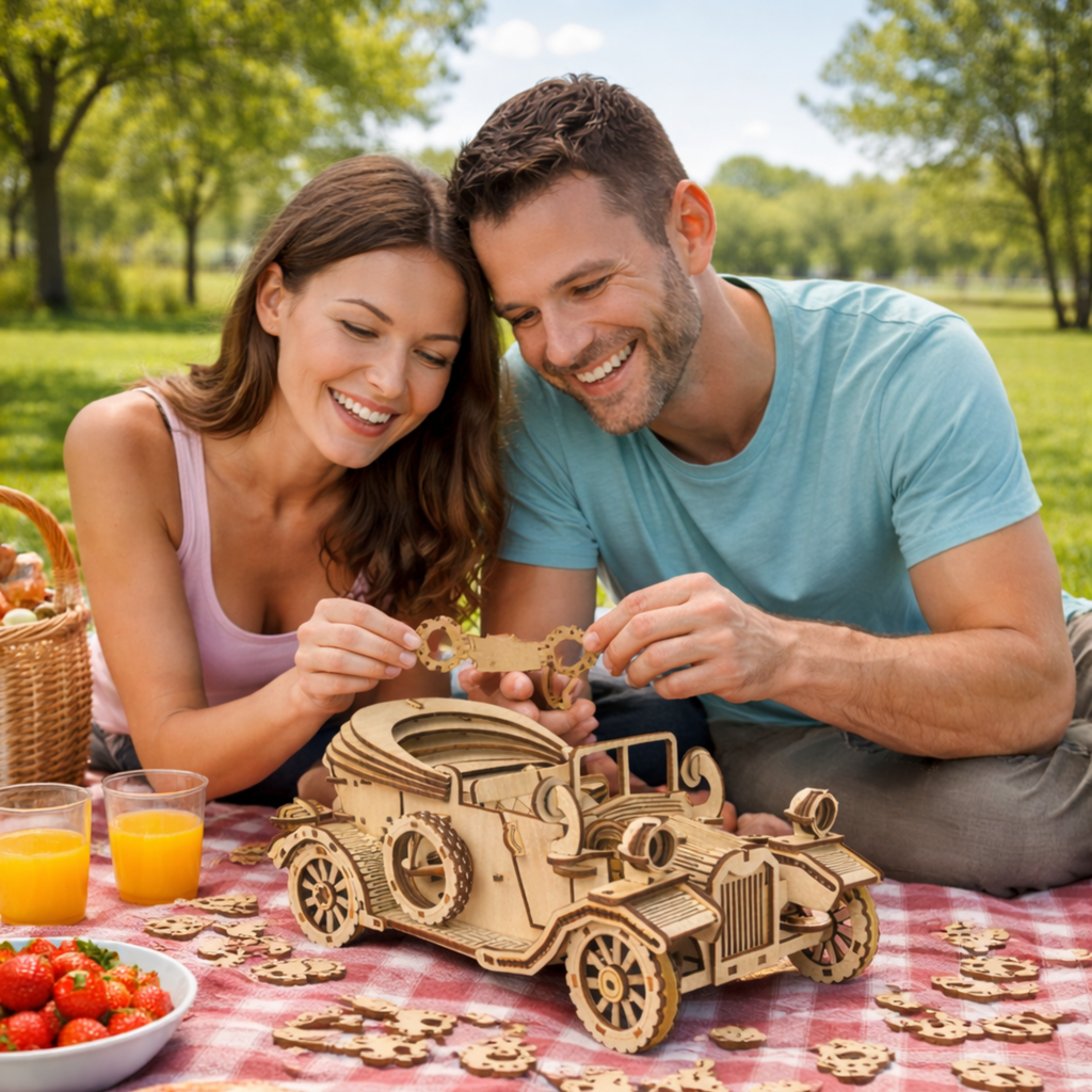 Retro Convertible Car 3D Wooden Puzzle – Handmade DIY Assembly Model Kit Educational Gift for Children