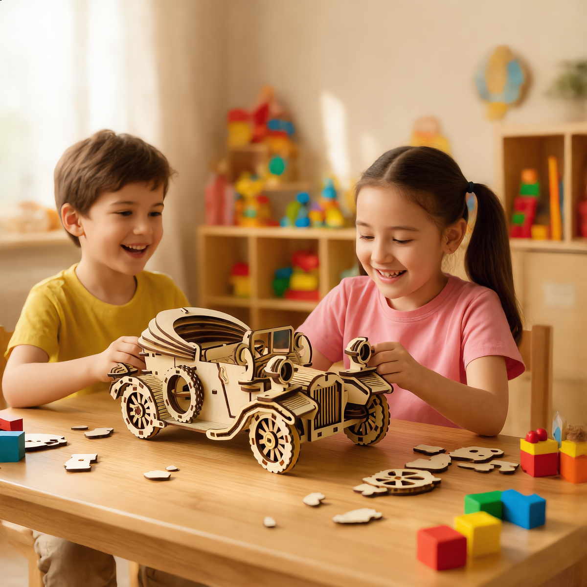 Retro Convertible Car 3D Wooden Puzzle – Handmade DIY Assembly Model Kit Educational Gift for Children