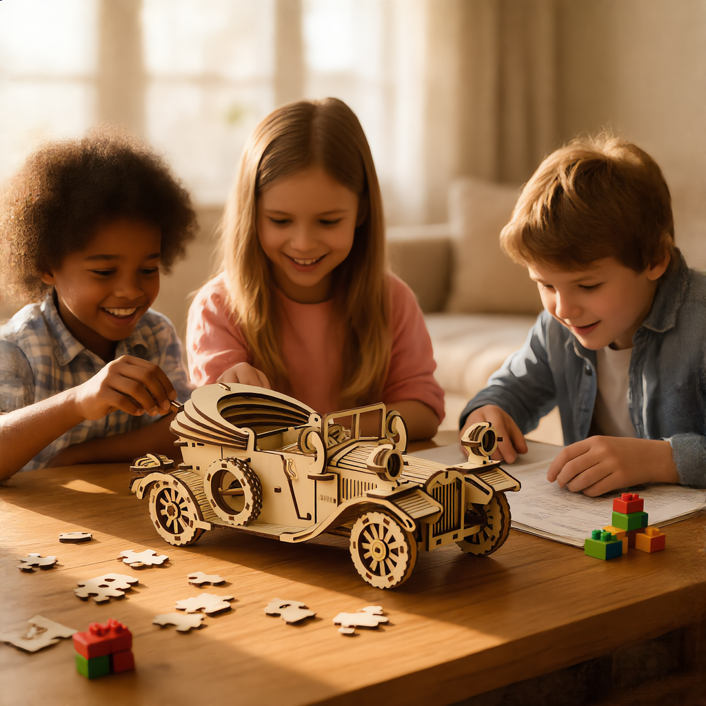 Retro Convertible Car 3D Wooden Puzzle – Handmade DIY Assembly Model Kit Educational Gift for Children
