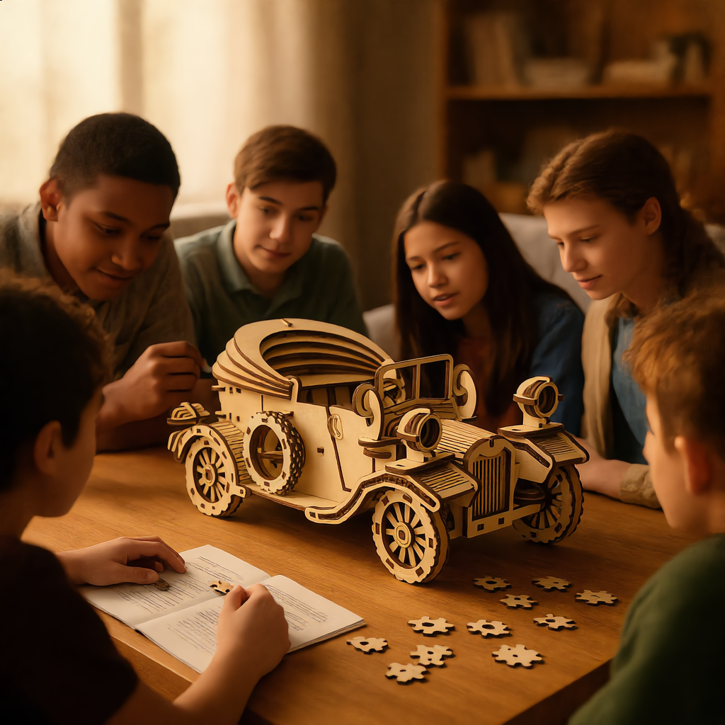 Retro Convertible Car 3D Wooden Puzzle – Handmade DIY Assembly Model Kit Educational Gift for Children
