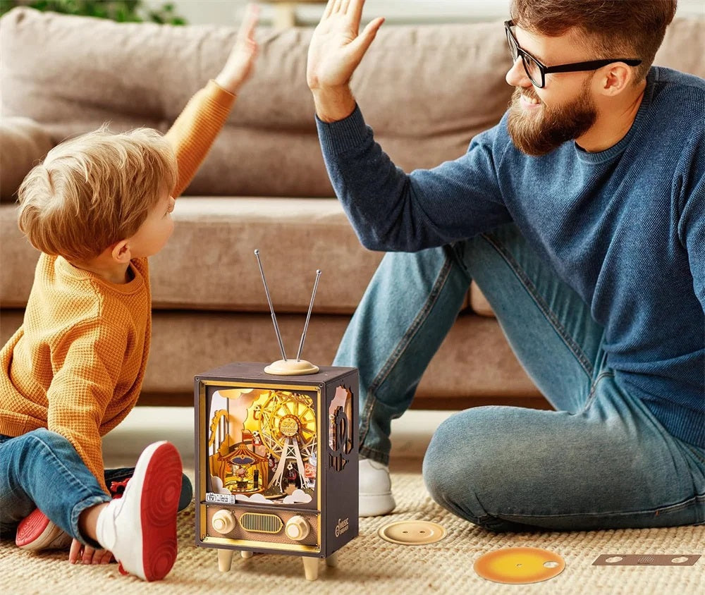 Wooden Music Box Puzzle -3D Sunset Carnival Model Kit with Lights, Creative DIY Gift for Kids and Home Decoration