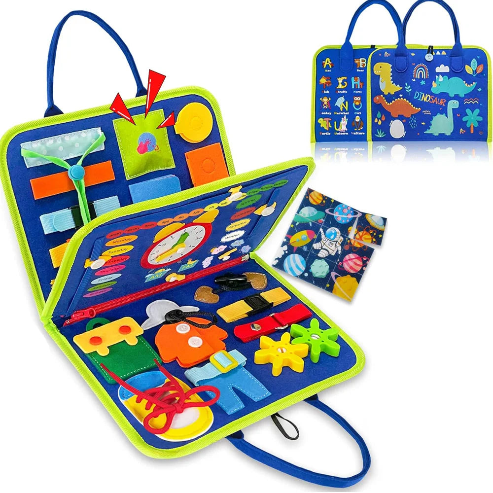 Montessori Dinosaur Busy Board - Sensory Learning Backpack Toy for Toddlers Life Skills Training and Educational Travel Activities