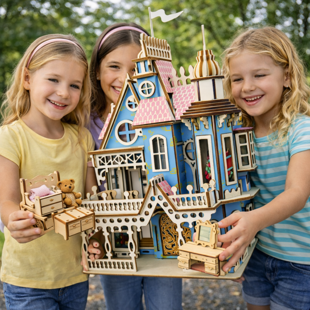 Miniature Villa Dollhouse 3D Puzzle – DIY Wooden Doll House Model with Furniture for Kids Pretend Play