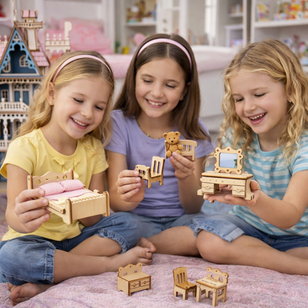 Miniature Villa Dollhouse 3D Puzzle – DIY Wooden Doll House Model with Furniture for Kids Pretend Play