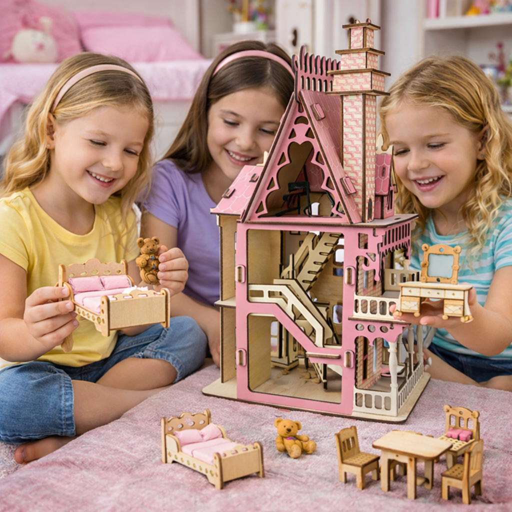 Miniature Villa Dollhouse 3D Puzzle – DIY Wooden Doll House Model with Furniture for Kids Pretend Play
